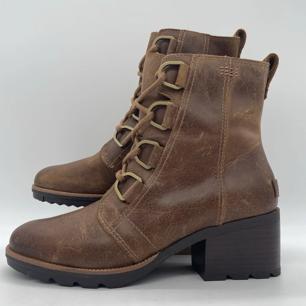 SOREL Womens 7.5 Booties‎ Brown Leather Braun Cate Lace Lug Sole Water-Resistant